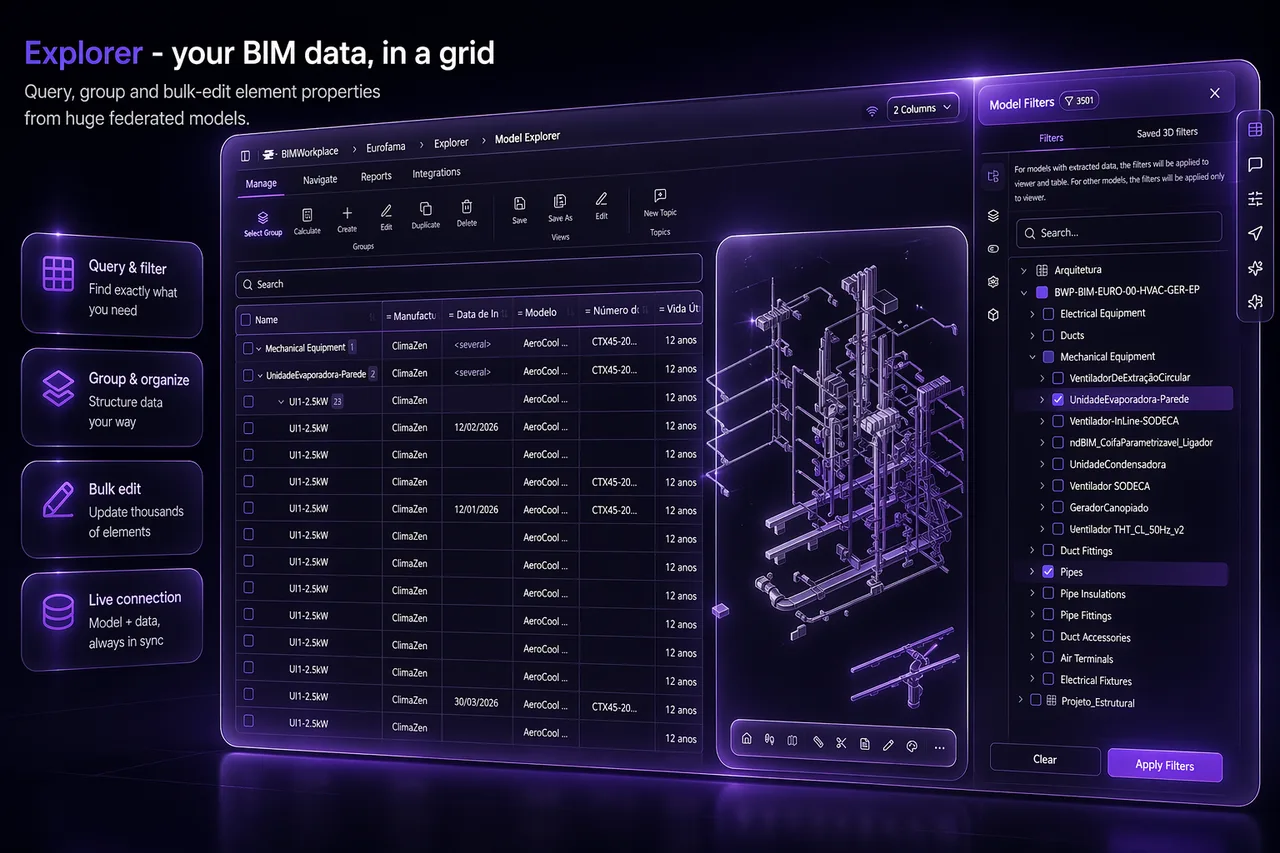 Explorer — BIM data grid with grouped properties and filters
